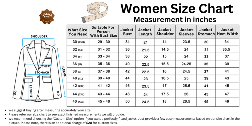 Leather Lord women size chart for Leather Jackets
