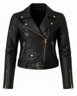 Kim Kardashian Style Black Leather Biker Jacket for Women 2