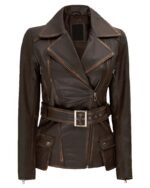 Womens Distressed Brown Long Biker Style Leather Jacket img1