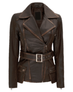 Womens Distressed Brown Long Biker Style Leather Jacket img1