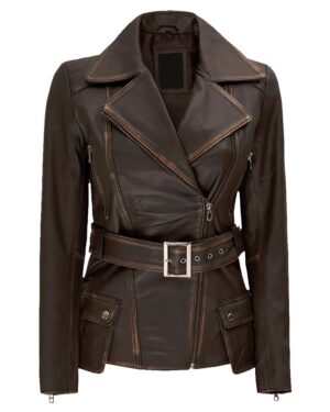 Womens Distressed Brown Long Biker Style Leather Jacket img1