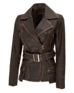 Womens Distressed Brown Long Biker Style Leather Jacket img2