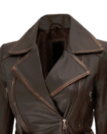 Womens Distressed Brown Long Biker Style Leather Jacket img3