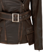 Womens Distressed Brown Long Biker Style Leather Jacket img4