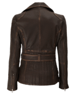 Womens Distressed Brown Long Biker Style Leather Jacket Back