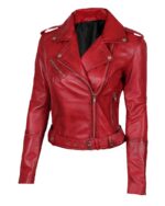 Women's Red Asymmetrical Belted Moto Leather Jacket img1