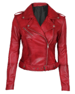 Women's Red Asymmetrical Belted Moto Leather Jacket img2