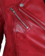 Women's Red Asymmetrical Belted Moto Leather Jacket img3