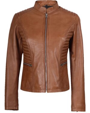 Women's Slim Fit Leather Jacket Tan Color img3