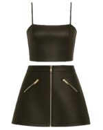 Aviator Black Leather Corset Top with Skirt Set