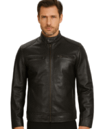 Dodge Men's Black Leather Cafe Racer Jacket