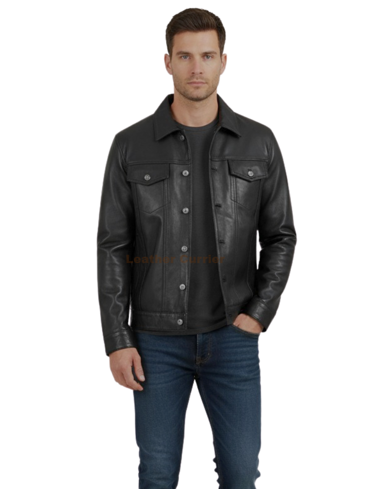Fernando Black Trucker Leather Jacket Front Model