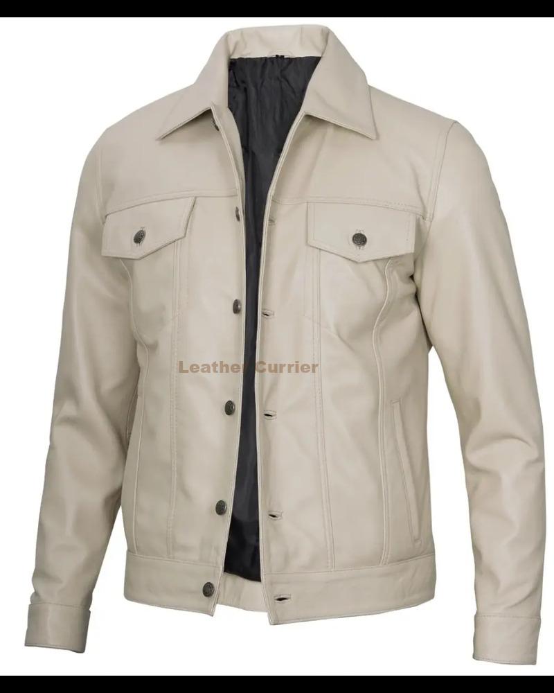Fernando Men’s Leather Trucker Jacket Shirt Style Collar Front Side Right