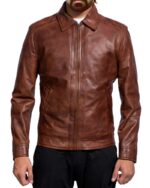Inferno Distressed Brown Leather Jacket for Men Front with model Inferno Distressed Brown Leather Jacket for Men Front with model