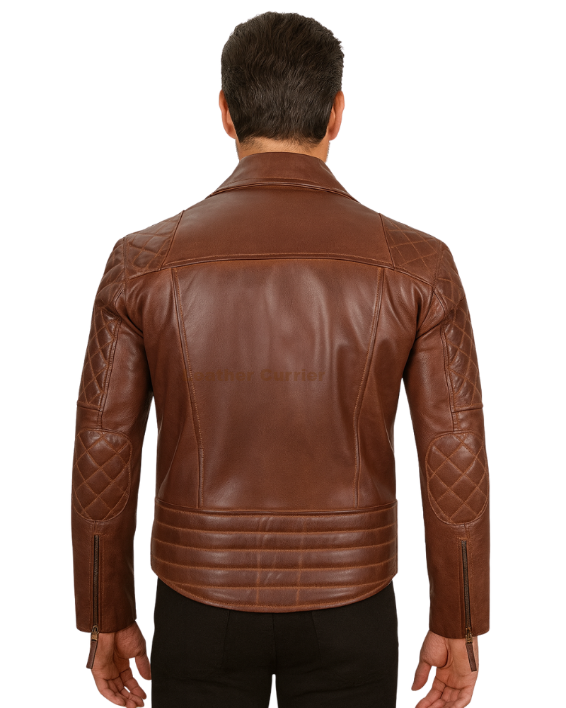 Men's Dark Brown Quilted Asymmetrical Leather Jacket for Bikers 6