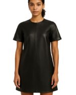 Sleek Black Leather Shift Dress with model front