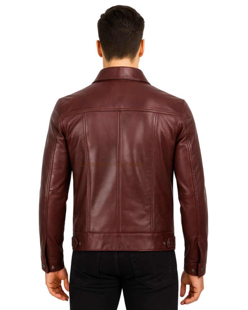 Burgundy Leather Trucker Jacket for Men Back with model