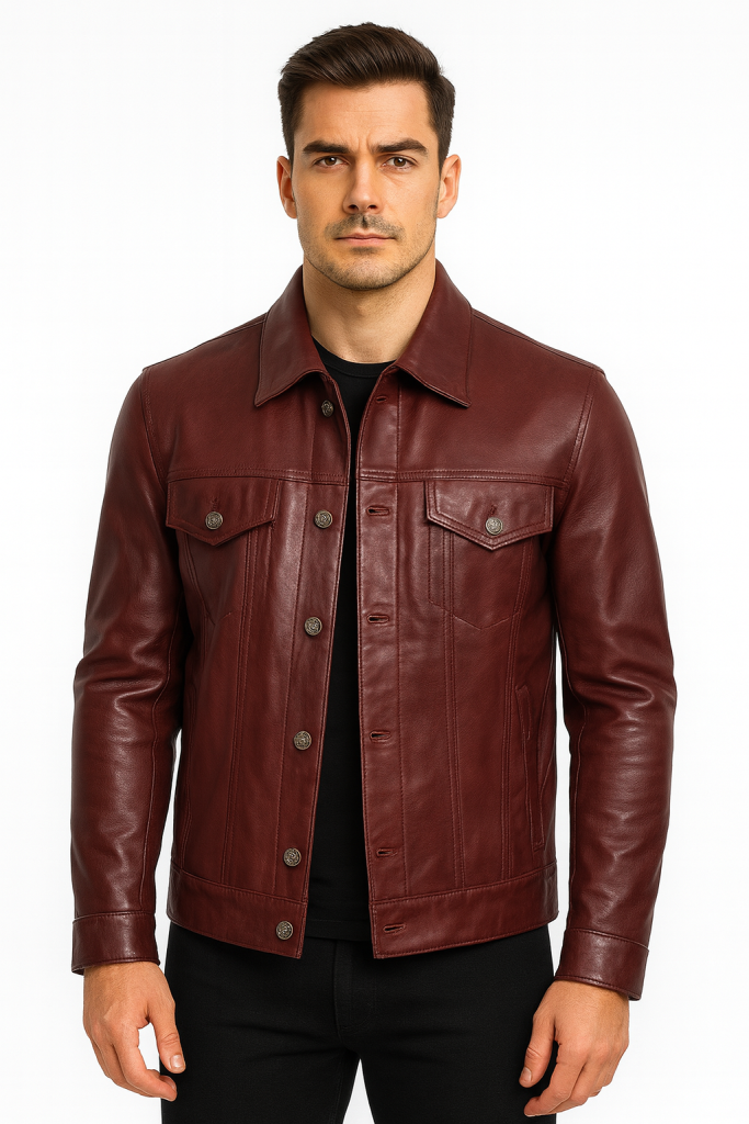 Burgundy Leather Trucker Jacket for Men front with model
