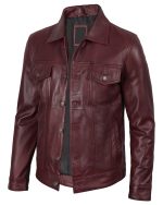 Burgundy Leather Trucker Jacket for Men img1