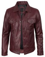 Burgundy Leather Trucker Jacket for Men img3