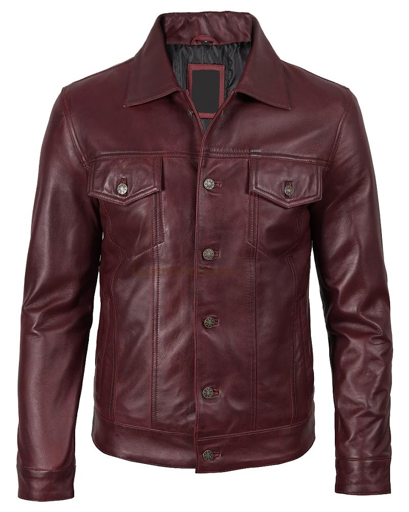Burgundy Leather Trucker Jacket for Men