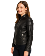 Carrie Black Leather Jacket for Women Side with model