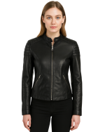 Carrie Black Leather Jacket for Women front with model