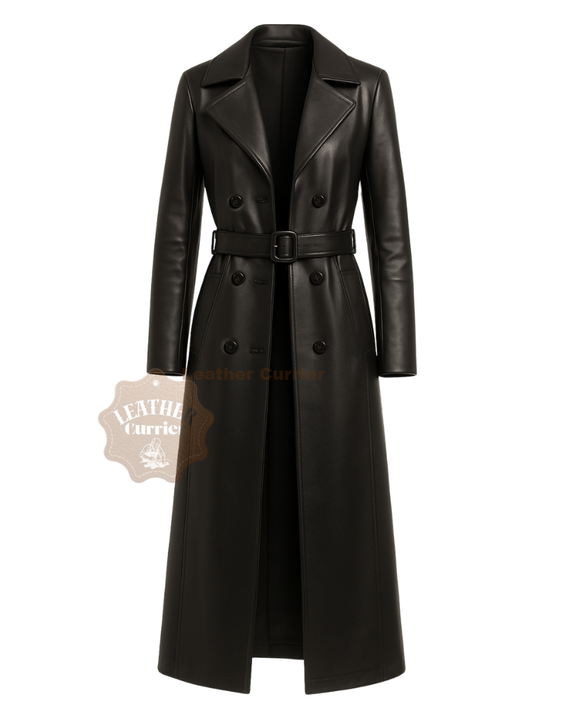 Celebrity Style Black Leather Long Coat for Women OPEN