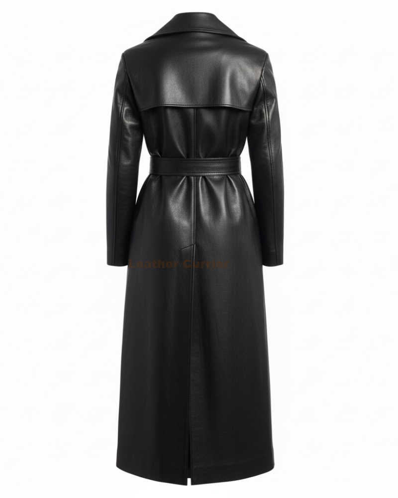Celebrity Style Black Leather Long Coat for Women back