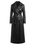 Celebrity Style Black Leather Long Coat for Women front Celebrity Style Black Leather Long Coat for Women front