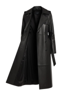Celebrity Style Black Leather Long Coat for Women front open