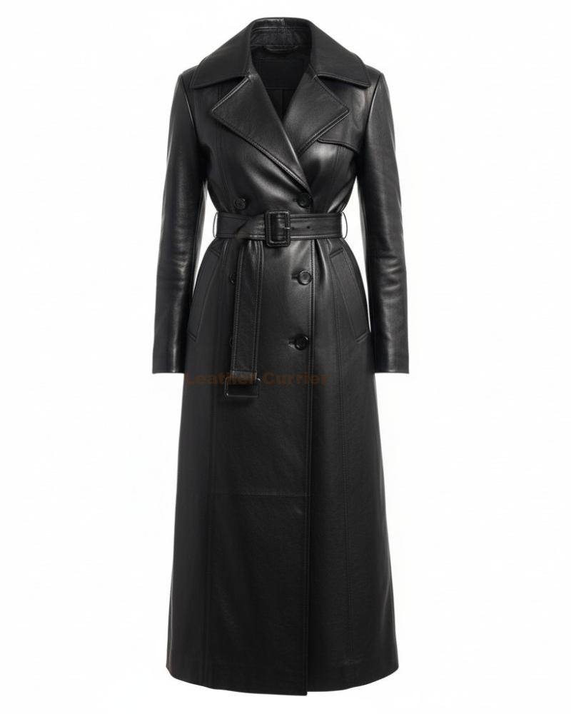 Celebrity Style Black Leather Long Coat for Women front Celebrity Style Black Leather Long Coat for Women front