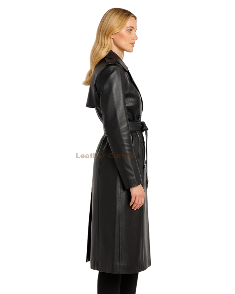Celebrity Style Black Leather Long Coat for Women side
