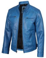 Dodge Men Cafe Racer Blue Leather Biker Jacket img1