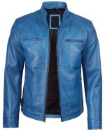 Dodge Men Cafe Racer Blue Leather Biker Jacket img3