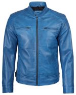Dodge Men Cafe Racer Blue Leather Biker Jacket img4