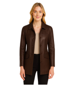 Elite Brown Genuine Leather Coat for Women with model open button