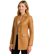 Elite Choice Camel Color Leather Coat for Women with model side