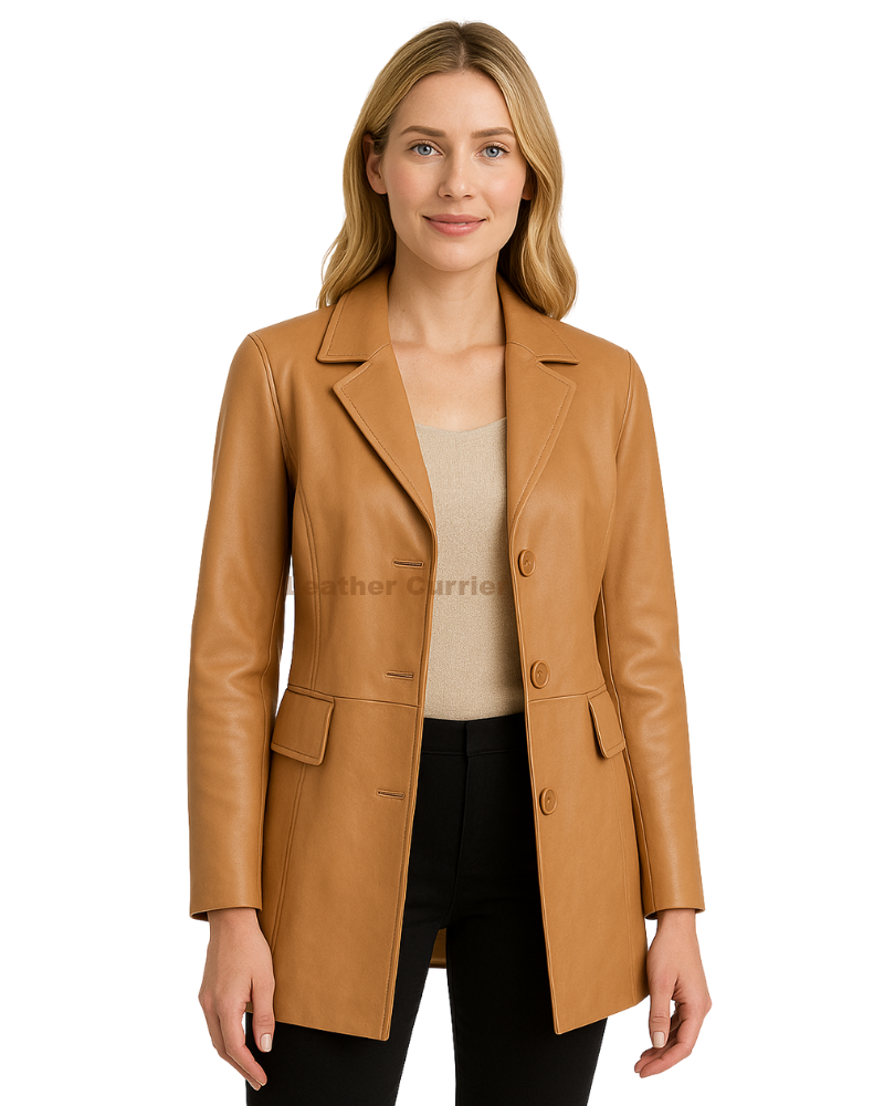 Elite Choice Camel Color Leather Coat for Women with model