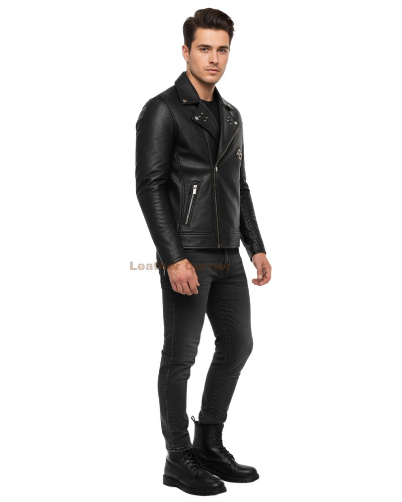 Men’s Studded Black Leather Biker Jacket 4