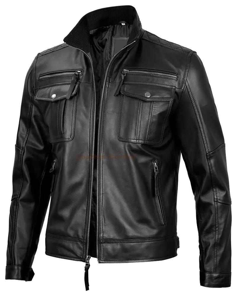Men's Black Leather Cafe Racer Jacket img1