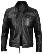 Men's Black Leather Cafe Racer Jacket img3