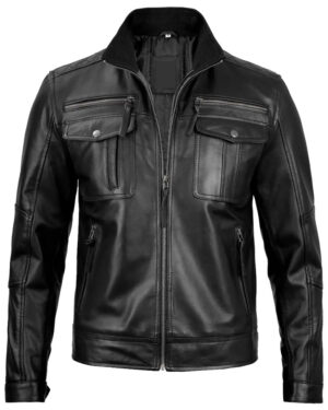Men's Black Leather Cafe Racer Jacket img4