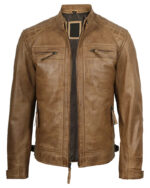 Men’s Waxed Camel Cafe Racer Leather Jacket img1