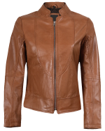 Women's Tan Waxed Slim Fit Biker Leather Jacket front Women's Tan Waxed Slim Fit Biker Leather Jacket front