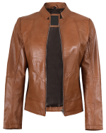 Women's Tan Waxed Slim Fit Biker Leather Jacket front open