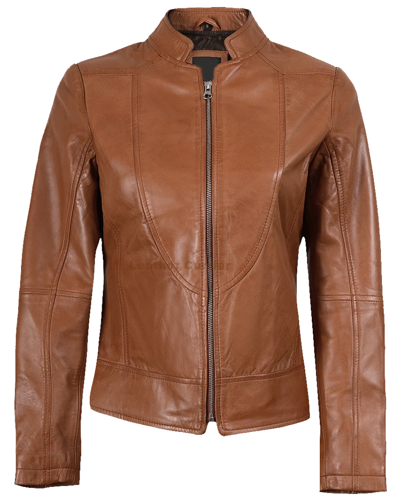 Women's Tan Waxed Slim Fit Biker Leather Jacket front Women's Tan Waxed Slim Fit Biker Leather Jacket front