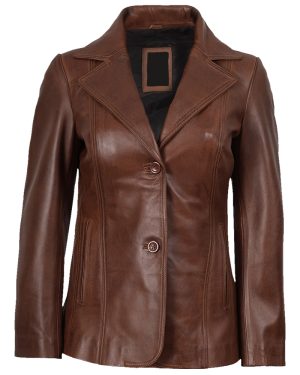Women's Two Button Cognac Leather Blazer front