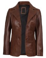 Women's Two Button Cognac Leather Blazer front open