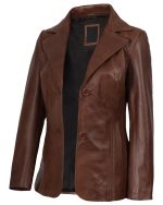 Women's Two Button Cognac Leather Blazer side